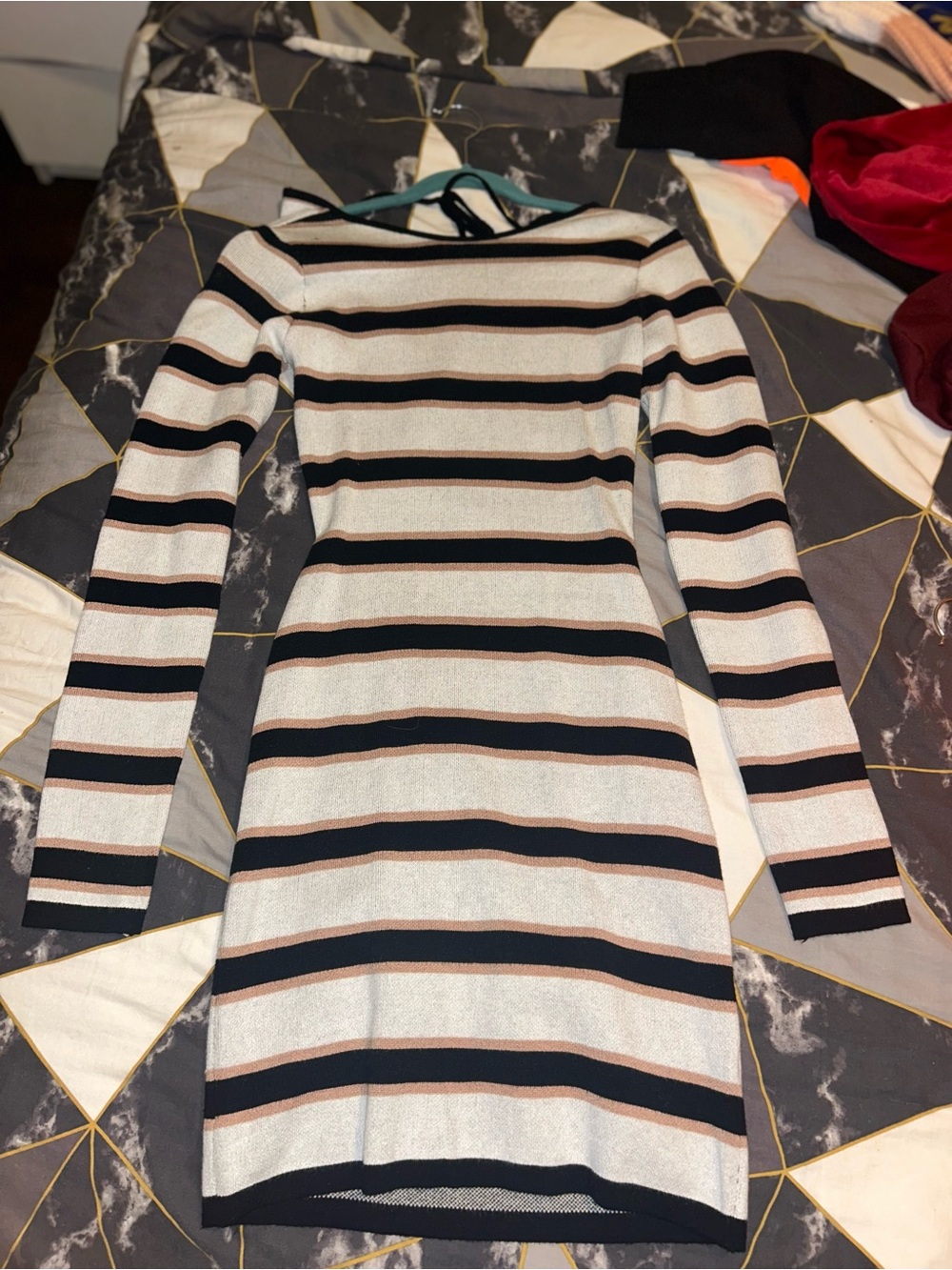 Fashion Nova Black, Cream & Tan Striped Long Sleeve Bodycon Dress